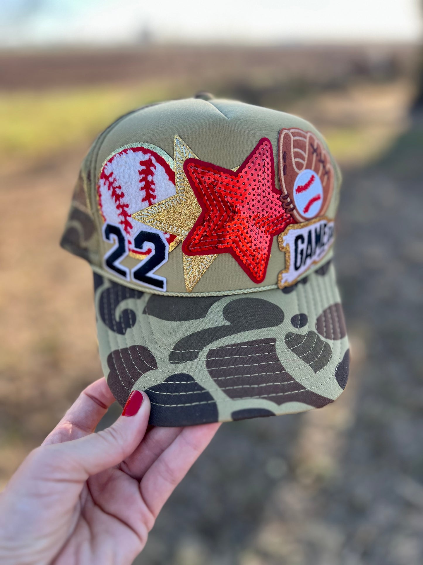 Baseball Glove and Number Camo Patch Hat