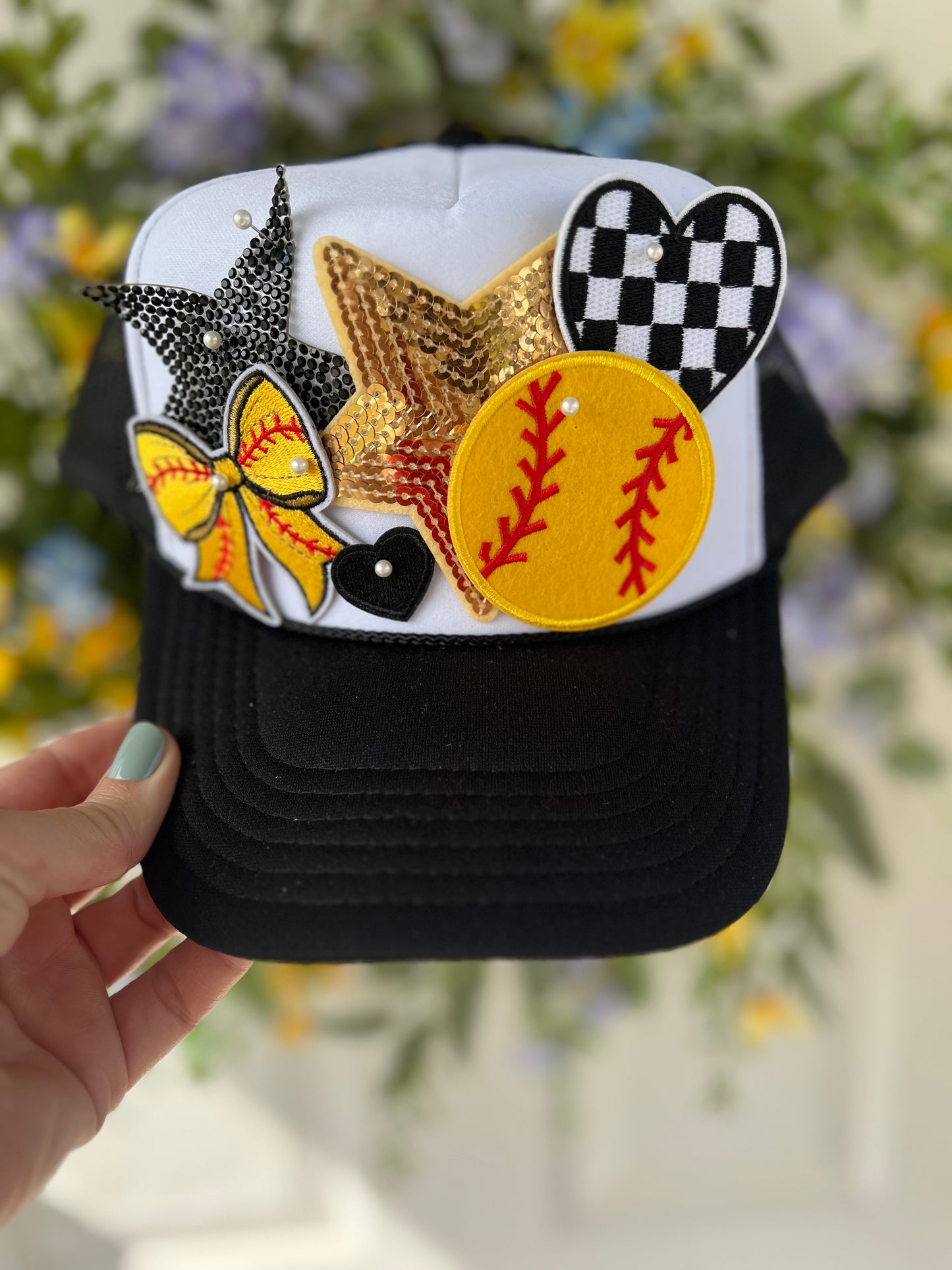 Softball Bow and Ball Black/White Hat