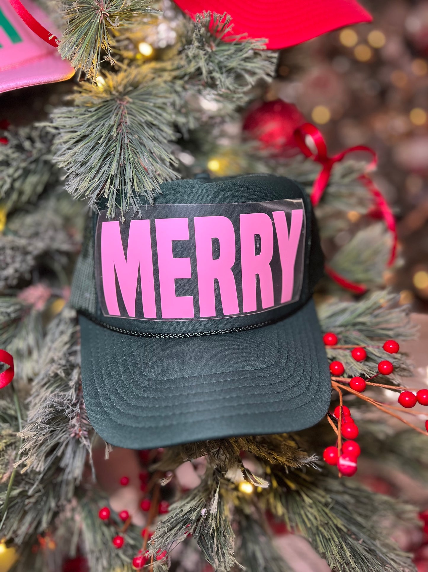Dark Green Hat
Soft Pink Text